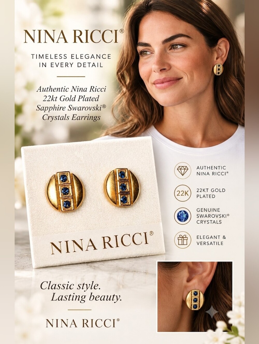 Nina Ricci Vintage 22kt Gold Plated Sapphire Swarovski Crystal Stud Earrings